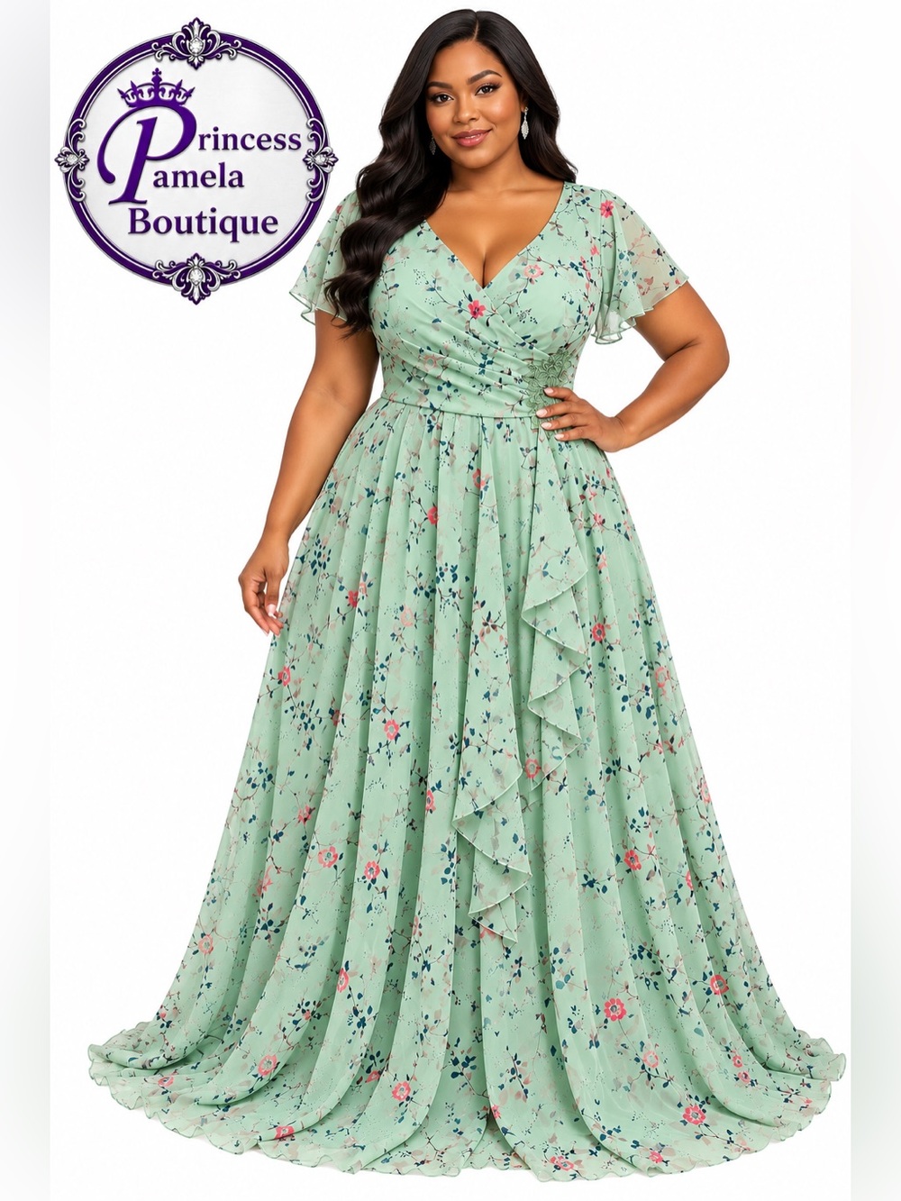 item#32-3 Mint green floral chiffon maxi dress 2X -Size 18